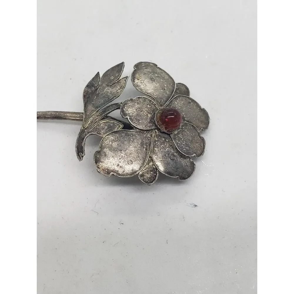Vintage Sterling Silver Flower Stick Pin Red Cabochon Glass center Art Deco - Picture 5 of 8